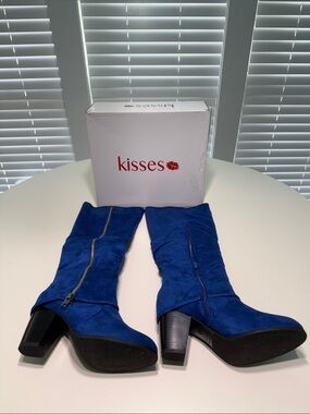 Kisses Blue Microsuede Heeled Boots